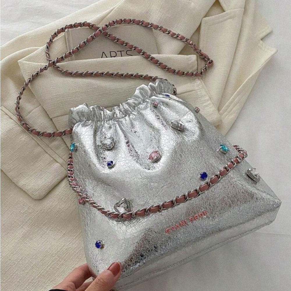 Chic Silver Metallic & Pink Multi Embellish Vanity Leather Crossbody Bag OS New - Picture 5 of 7